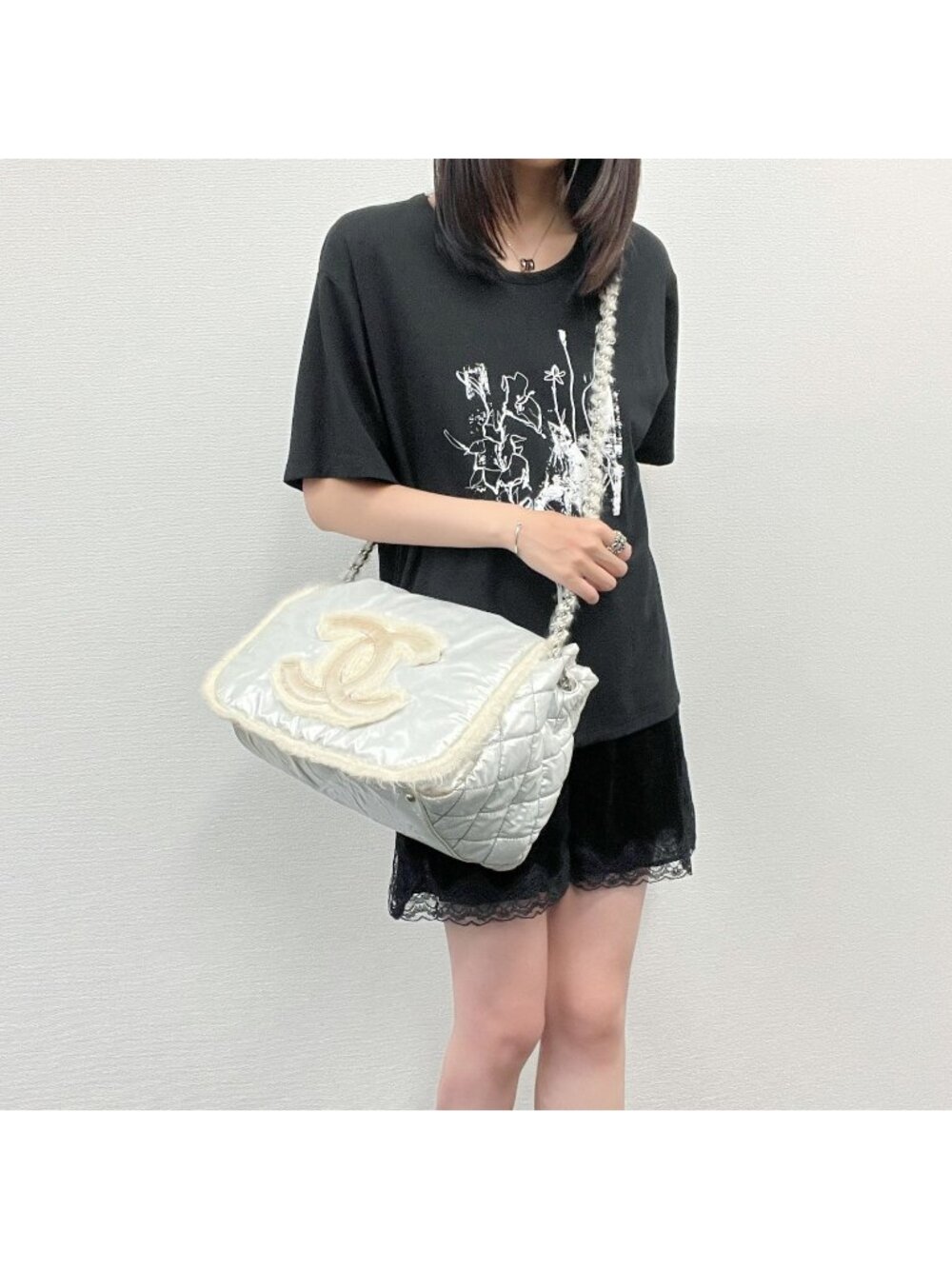 Chanel CC Logo Chain Tote Shoulder Bag Nylon Silver Ivory Seal Vintage